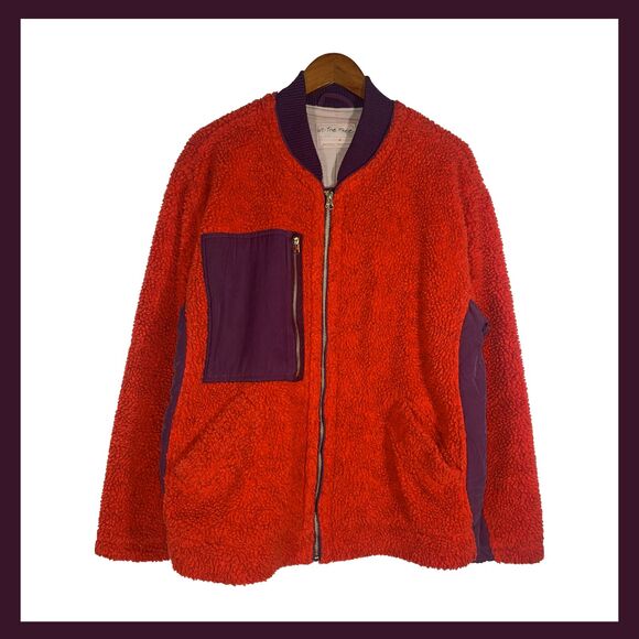 We The Free Free People Orange Sherpa Fleece Jacket Purple Trim Size M Oversized - Picture 1 of 11